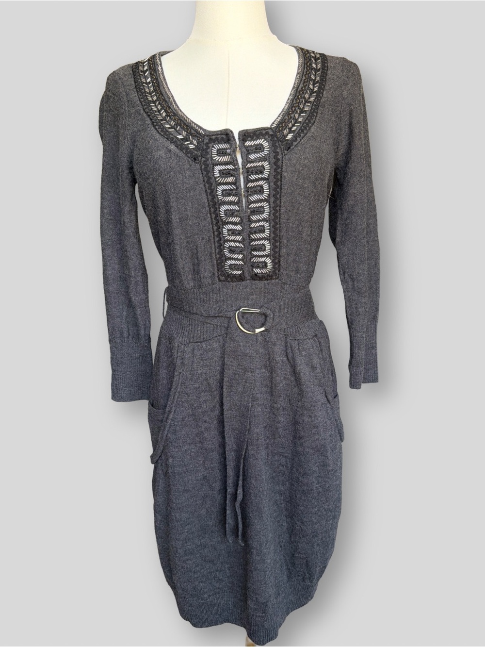 Nanette Lepore Desiree Gray Merino Wool Embellished Sweater Dress Size S Pockets